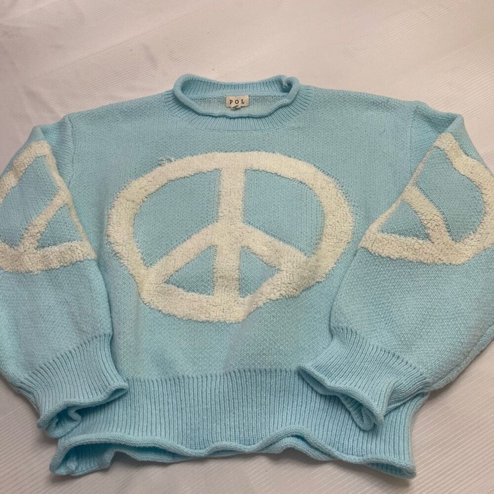 POL Oversized Peace Sign Blue Sweater Size Medium